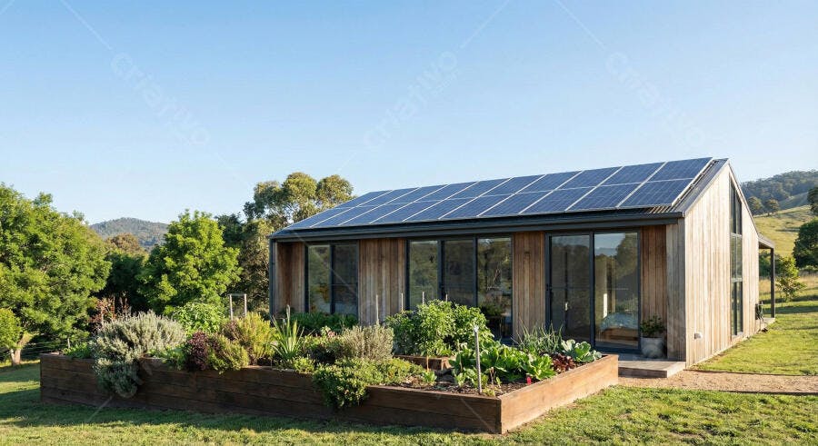 Casa Sustentável com Painéis Solares e Horta Orgânica na Paisagem