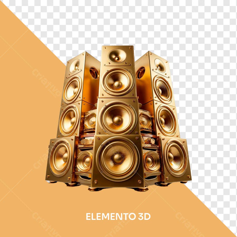 Elemento 3D Caixas de Som Douradas Áudio PNG Fundo Transparente