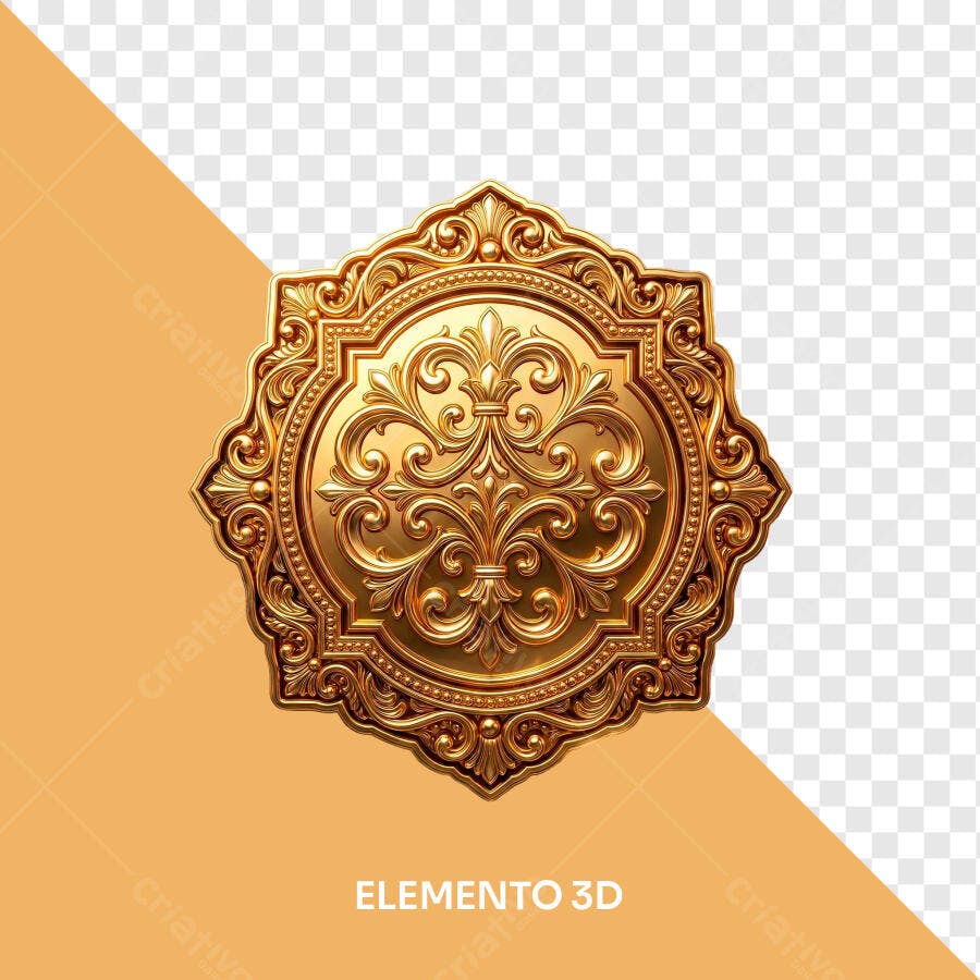 Elemento 3D Medalhão Dourado Ornamentado PNG Fundo Transparente