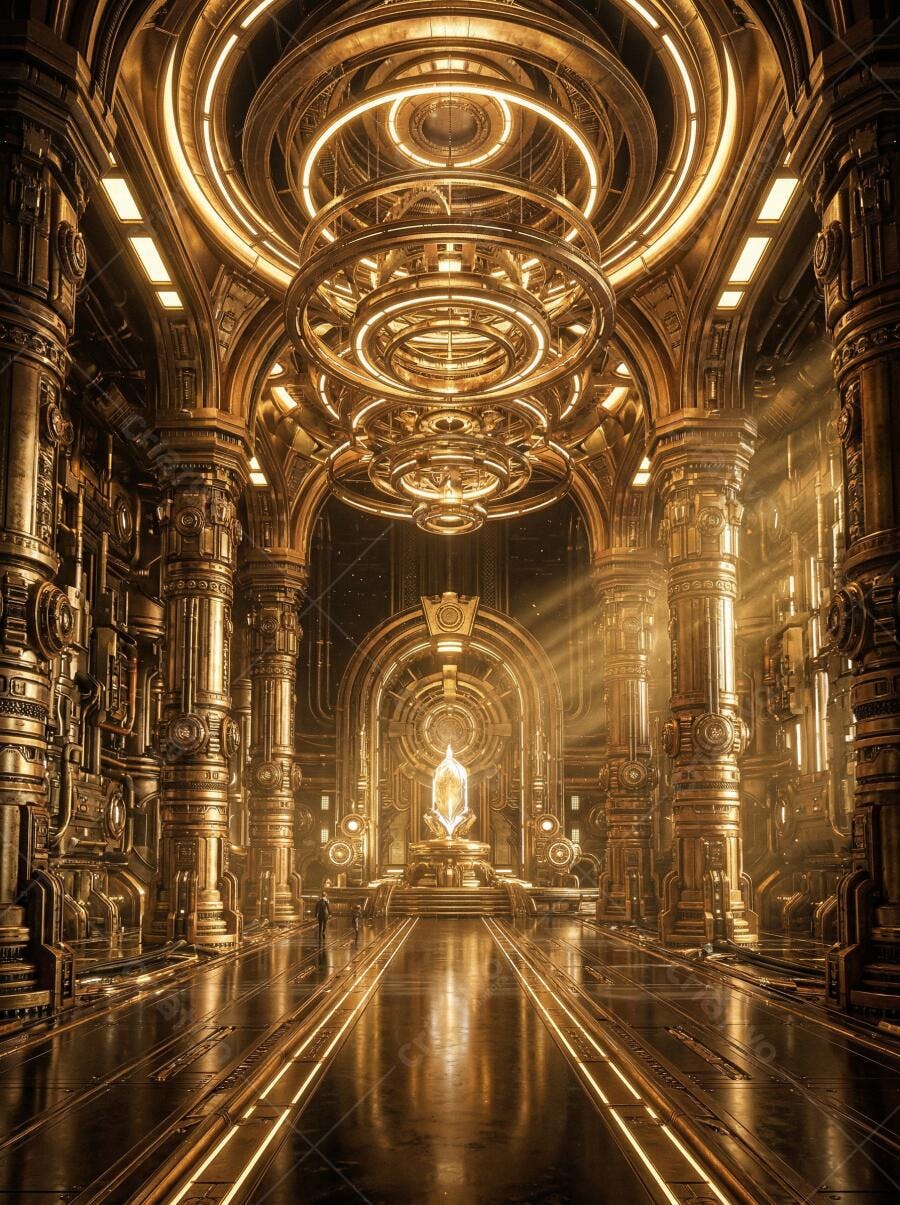 Templo Steampunk Dourado com Cristal Reluzente Iluminação Mística