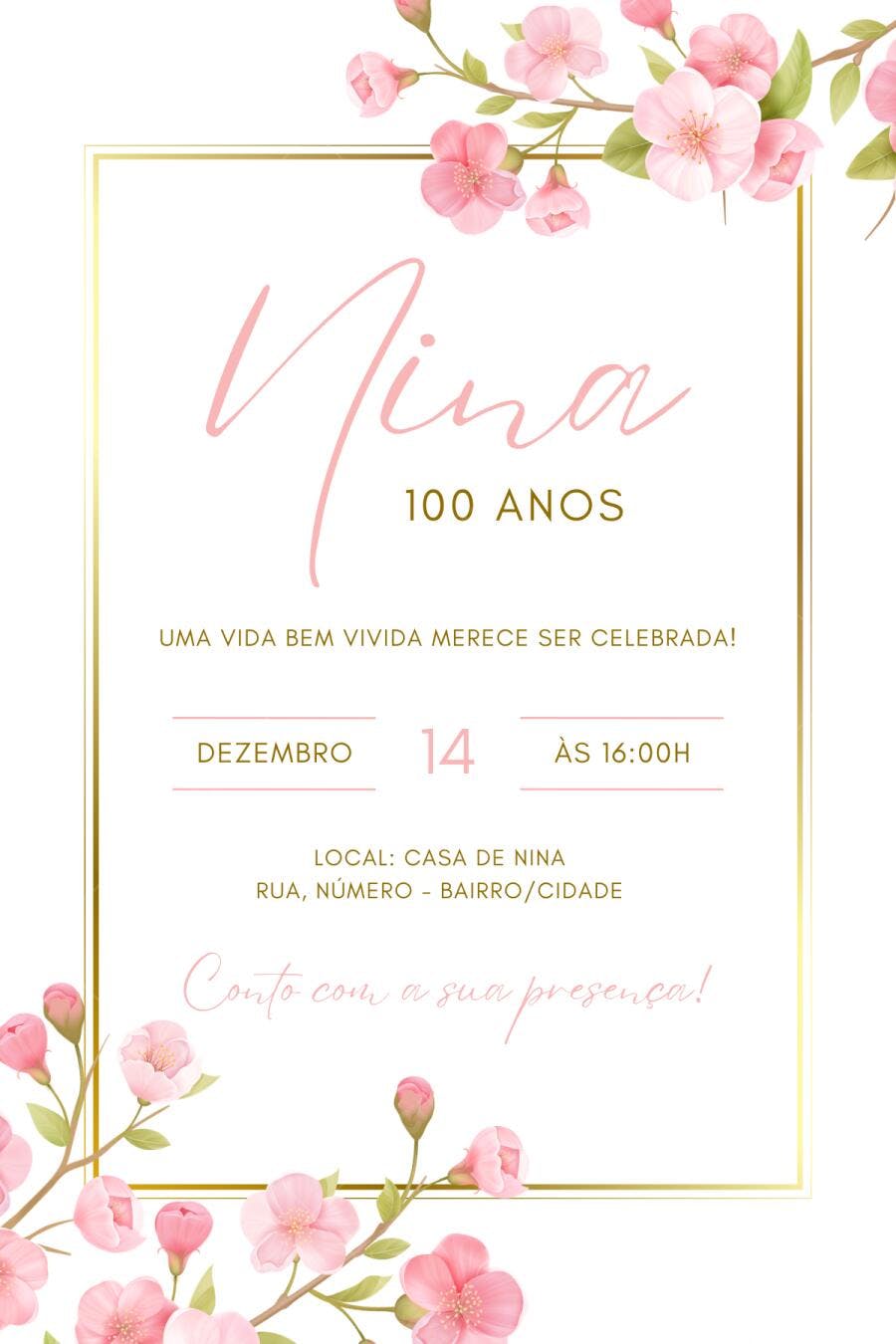 Convite Aniversário 100 Anos Floral Rosa Dourado Editável