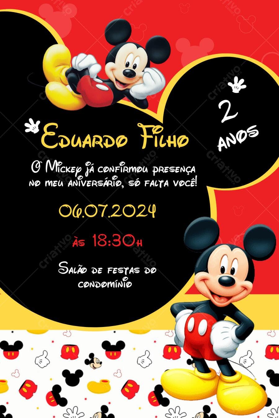 Convite Aniversário Mickey 2 Anos Vermelho Editável