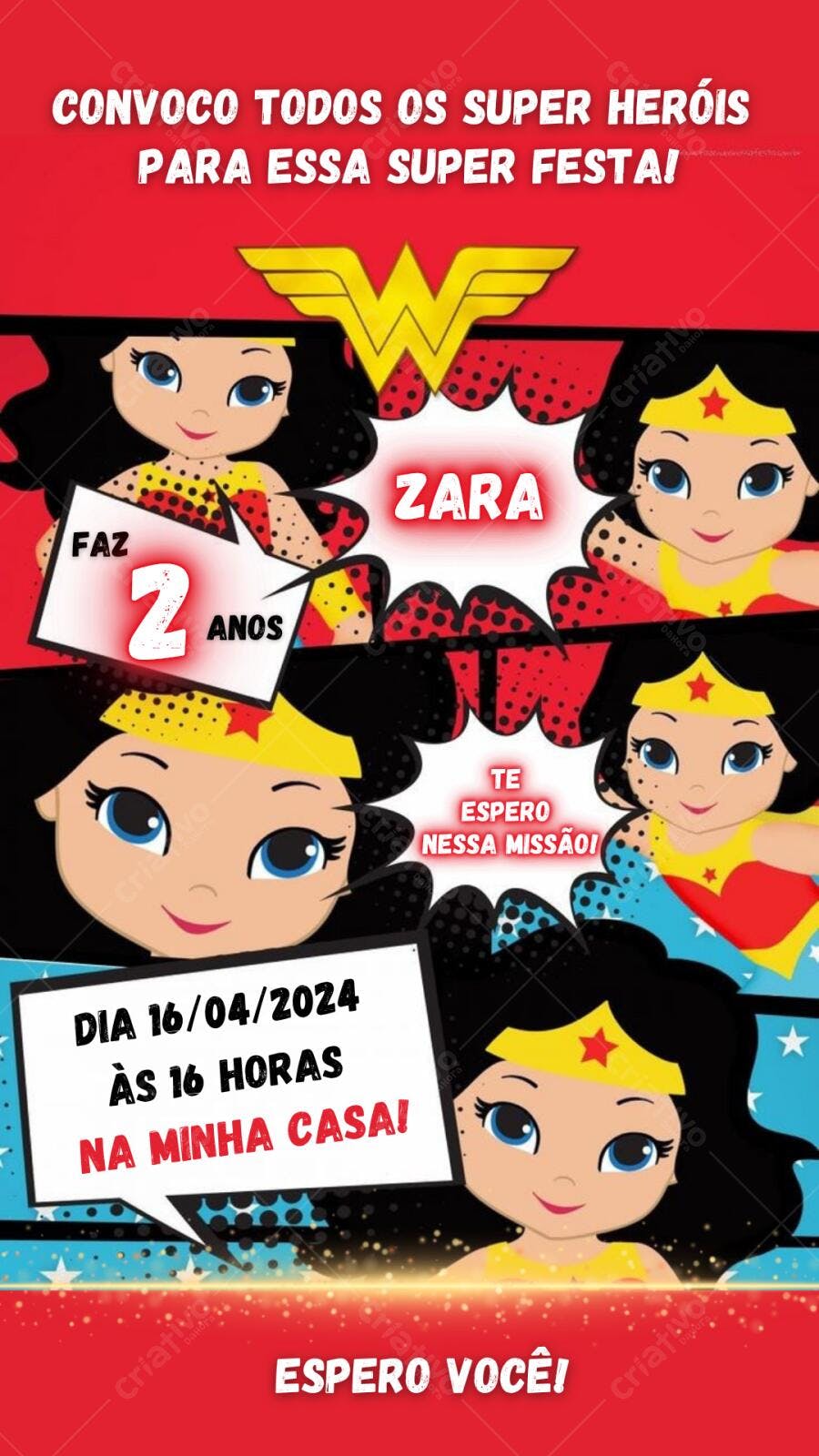 Convite Aniversário Mulher Maravilha 2 Anos Editável