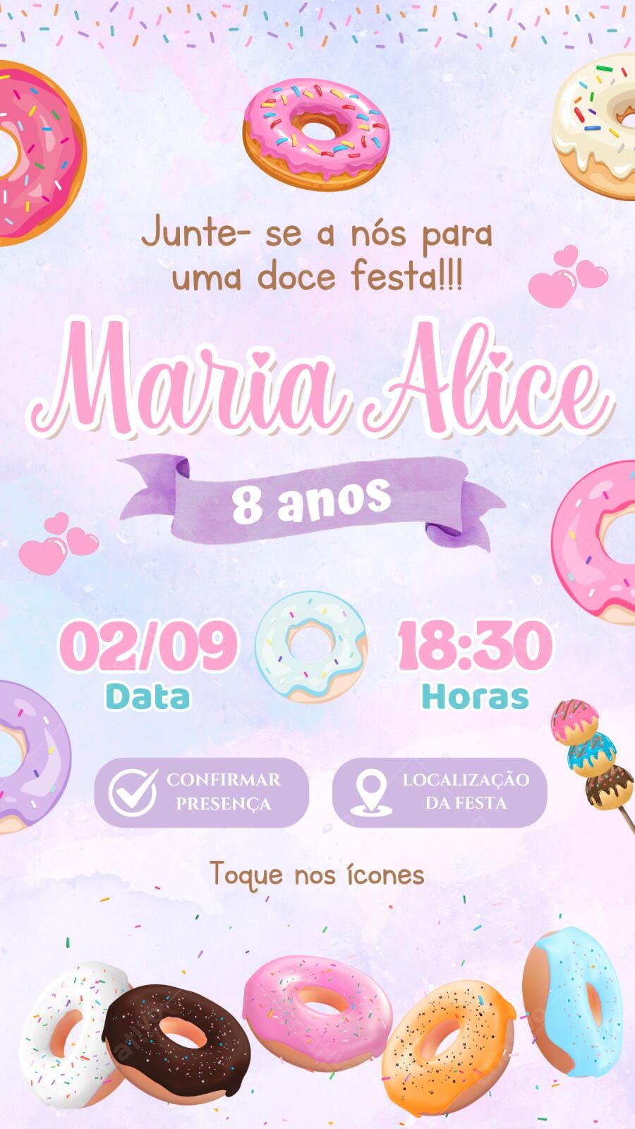 Convite Aniversário Infantil Donuts 8 Anos Editável