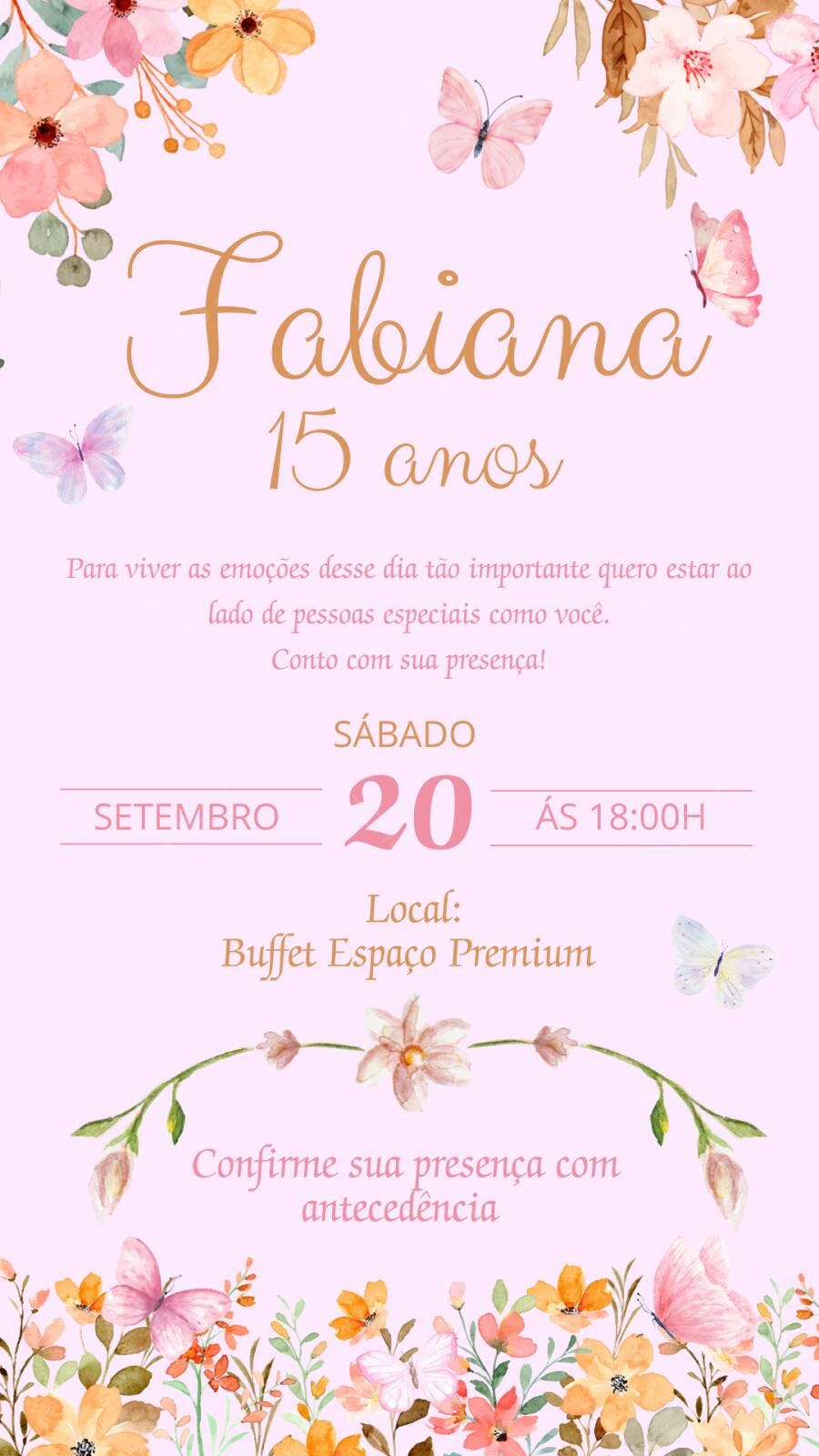 Convite Debutante 15 Anos Borboletas Floral Rosa Editável