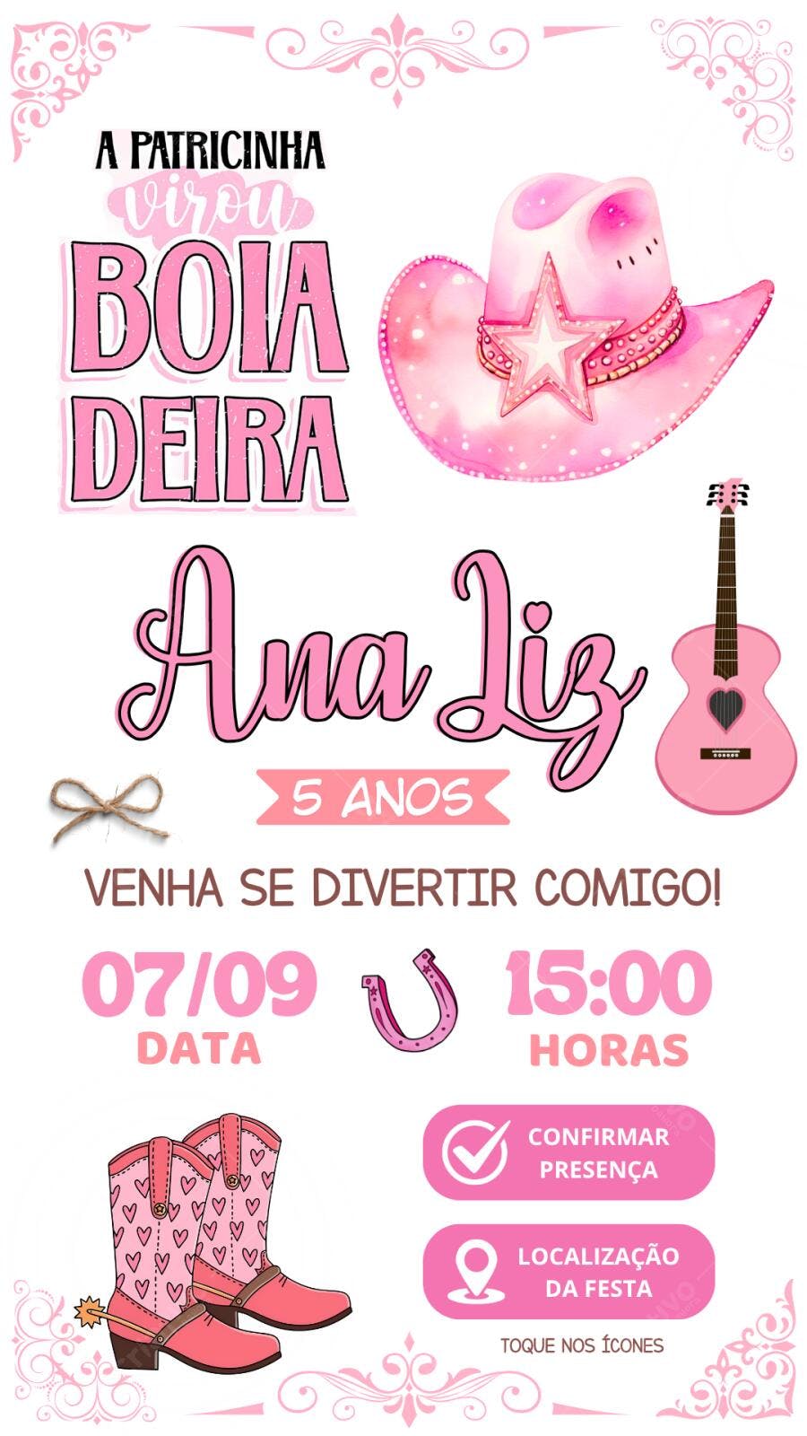 Convite Aniversário Patrocinha Boiadeira Rosa 5 Anos Editável