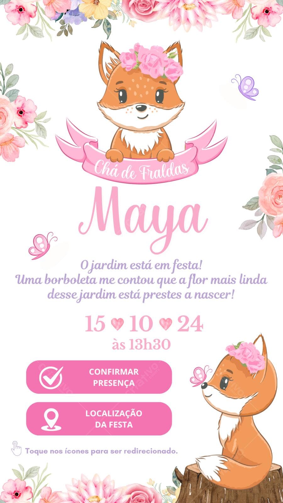 Convite Chá de Fraldas Raposa Floral Rosa Editável
