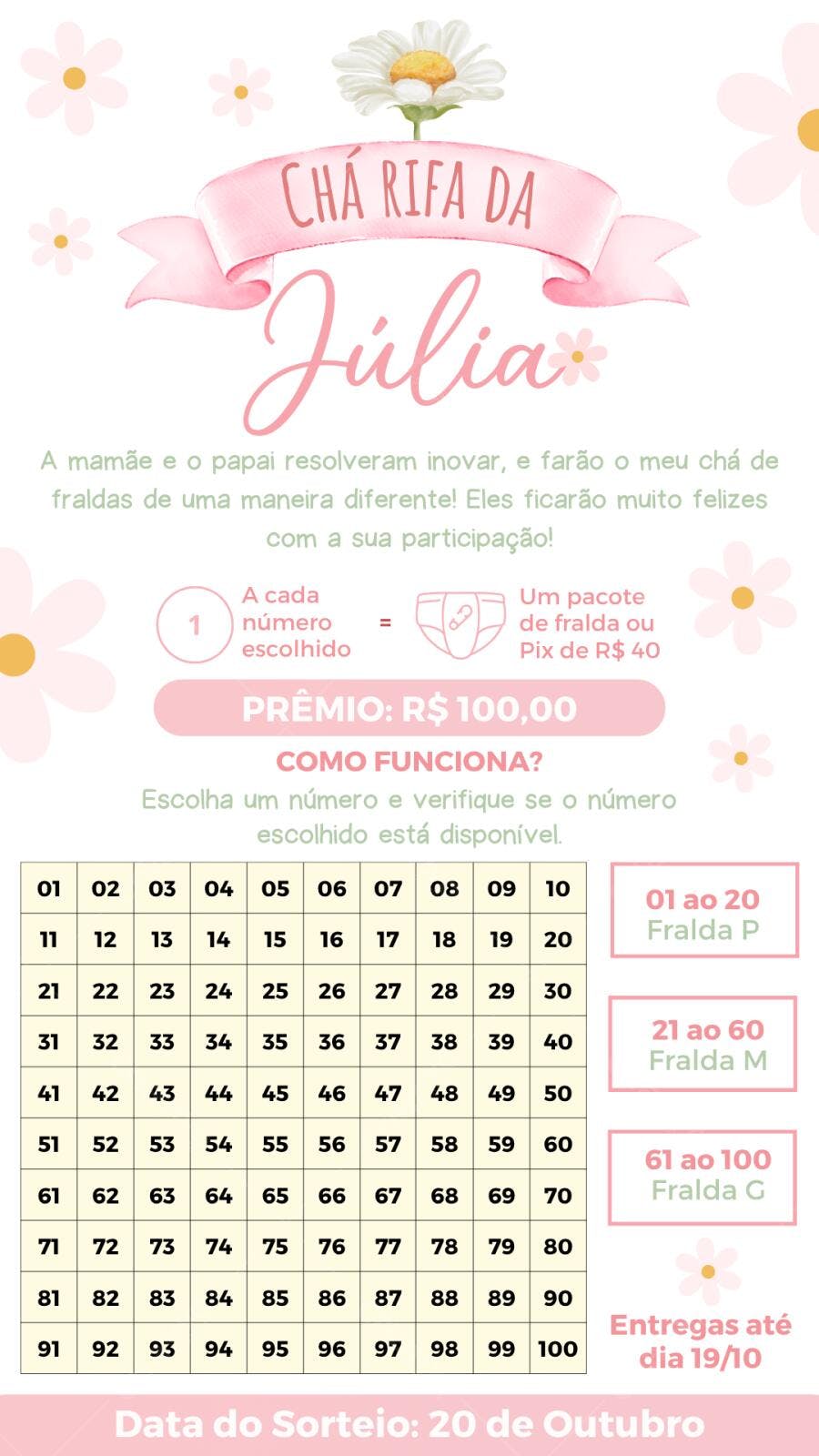 Convite Chá Rifa Margarida Rosa Editável