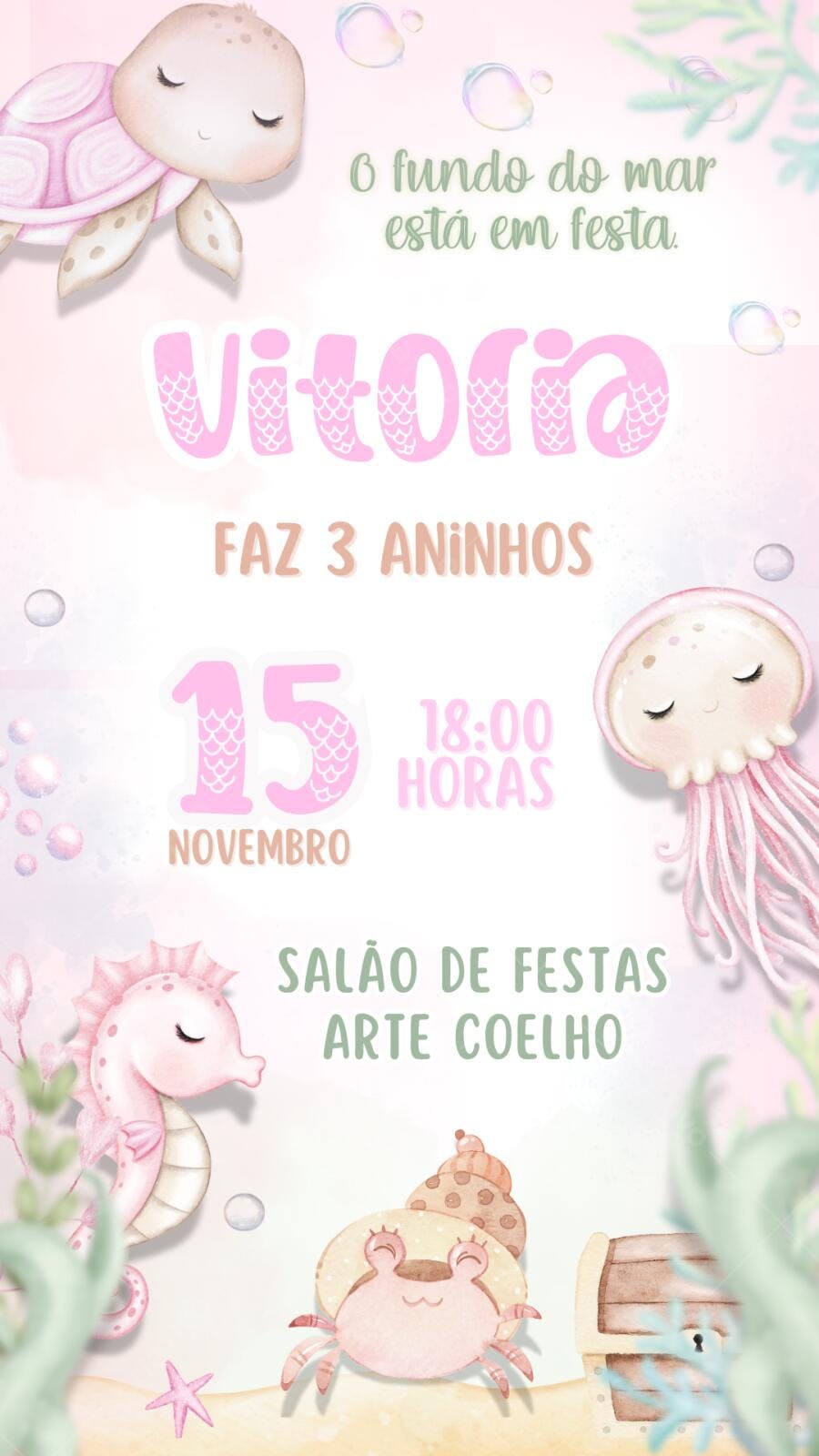 Convite Aniversário Fundo do Mar 3 Anos Rosa Editável