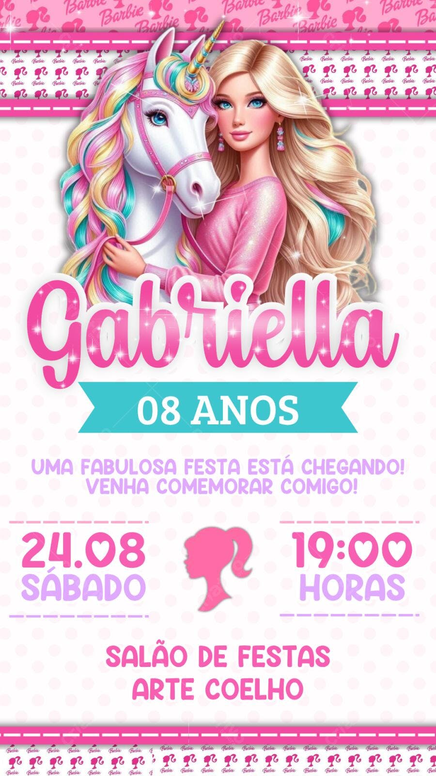 Convite Aniversário Barbie Unicórnio 8 Anos Editável