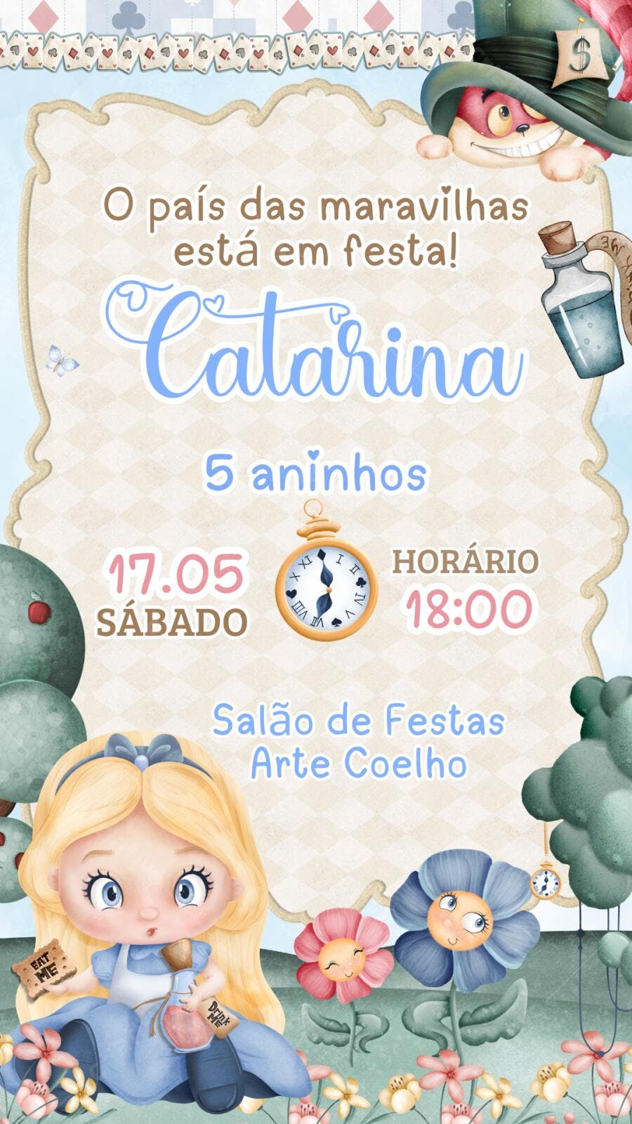 Convite Aniversário Alice no País das Maravilhas 5 Anos Editável
