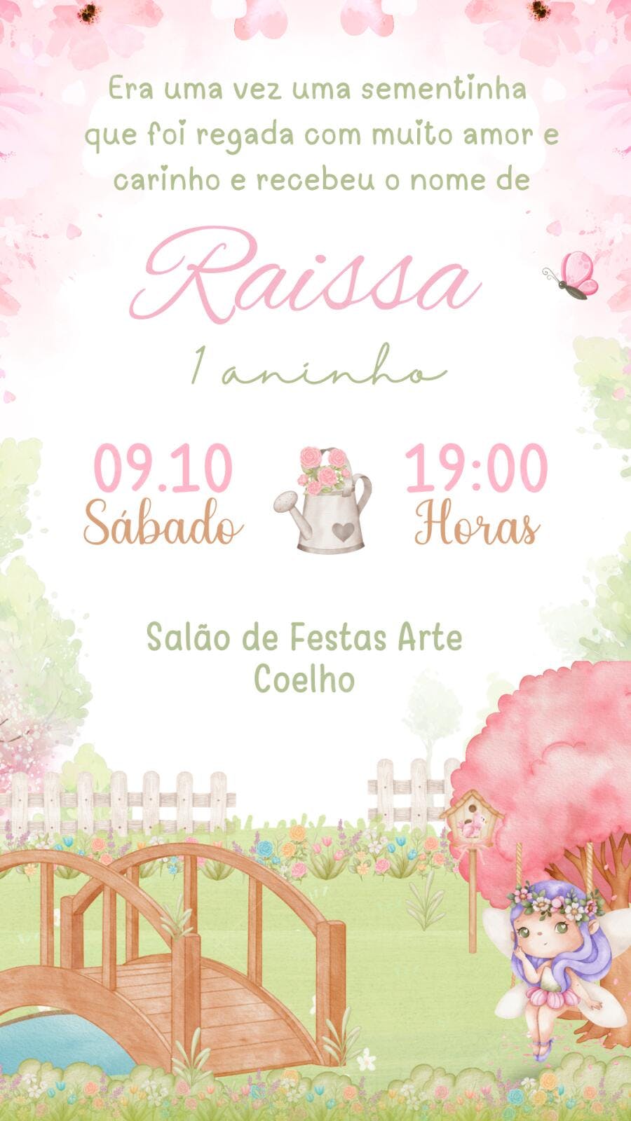 Convite Aniversário Fada Jardim Encantado 1 Aninho Editável
