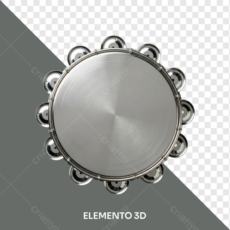Elemento 3D Pandeiro Prata Instrumento Musical PNG Fundo Transparente