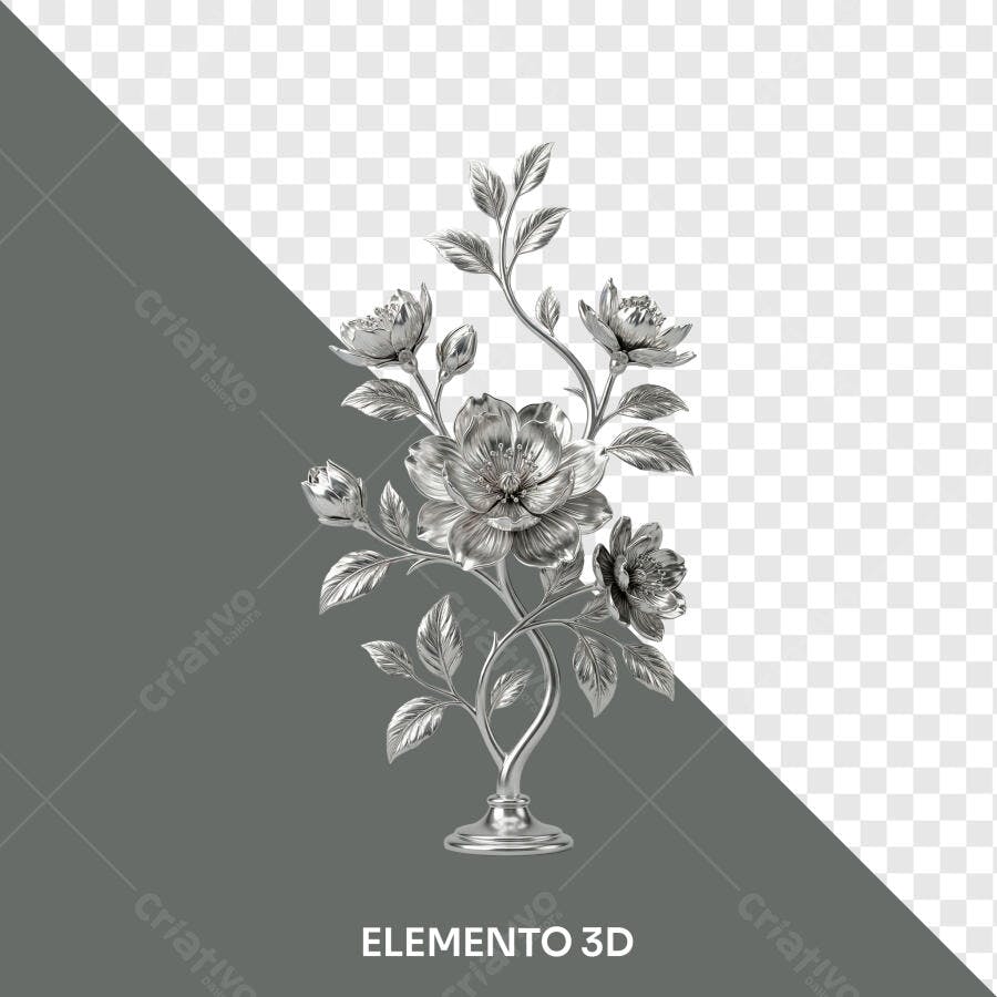 Elemento 3D Flores Prateadas Decorativas PNG Fundo Transparente