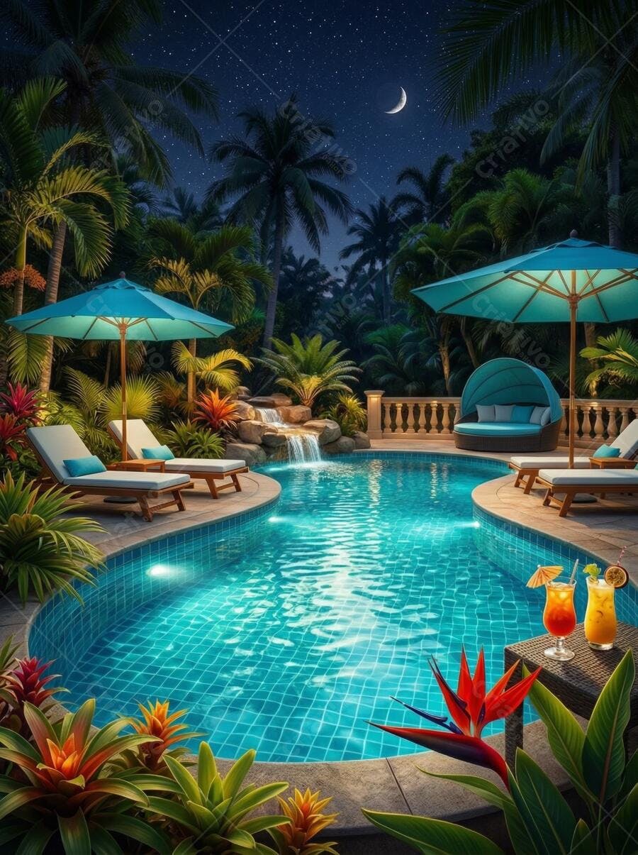 Foto Piscina Resort Luxo Noite Estrelada Iluminação Ambiente