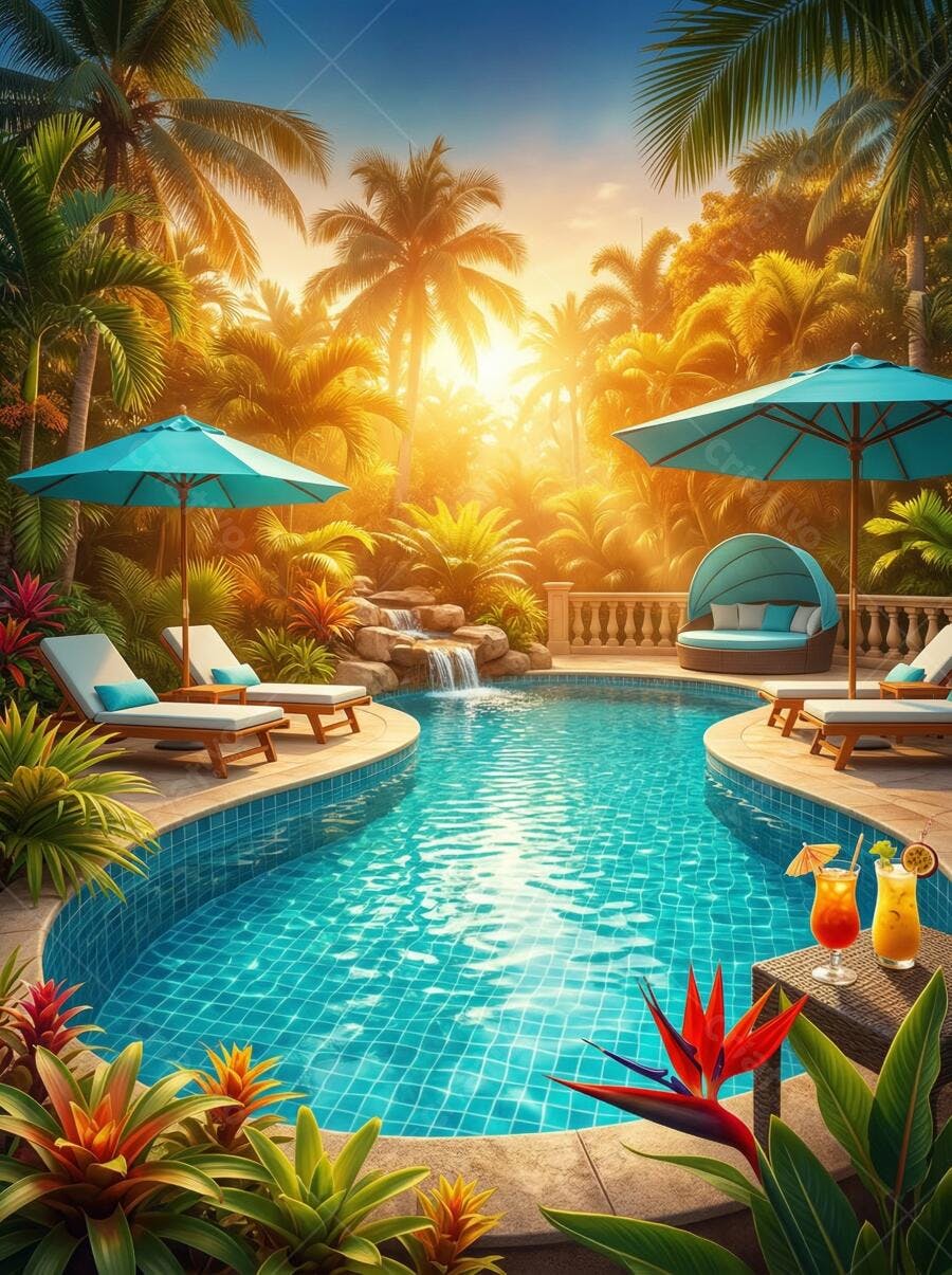 Foto Piscina Resort Luxo Por do Sol Tropical Palmeiras