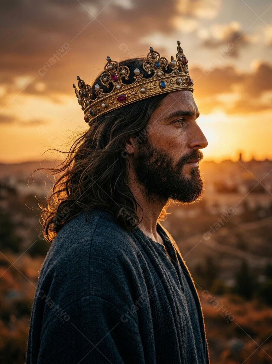 Foto Rei com Coroa Dourada em Pôr do Sol Histórico