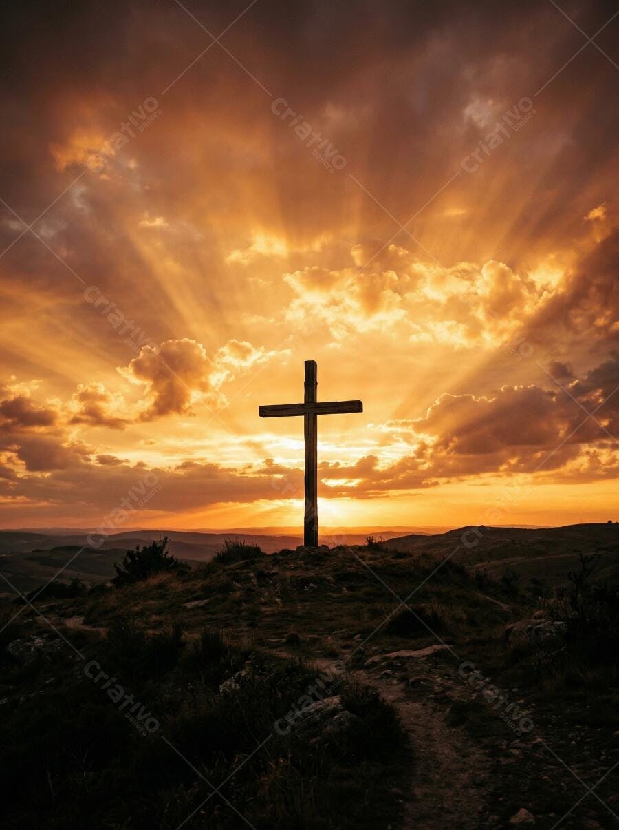 Foto Cruz em Montanha ao Pôr do Sol Dramático Céu