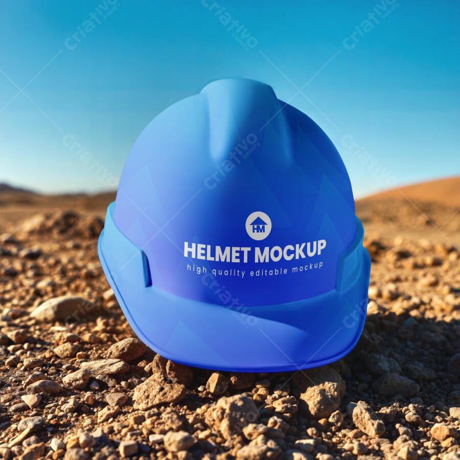 Mockup Capacete Azul Obra Terreno Realista Editável