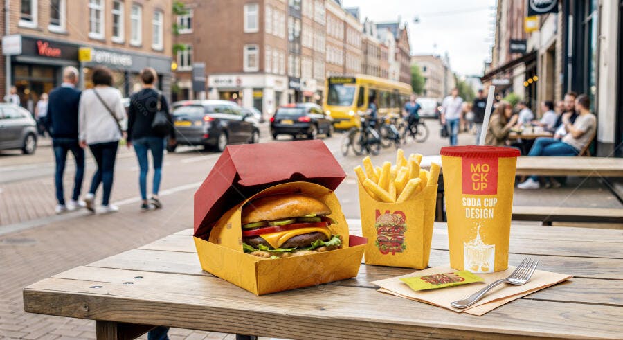 Mockup Hamburgueria Fast Food Mesa Externa Editável
