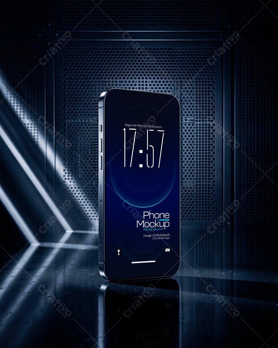 Mockup Celular iPhone Fundo Escuro Reflexo Editável