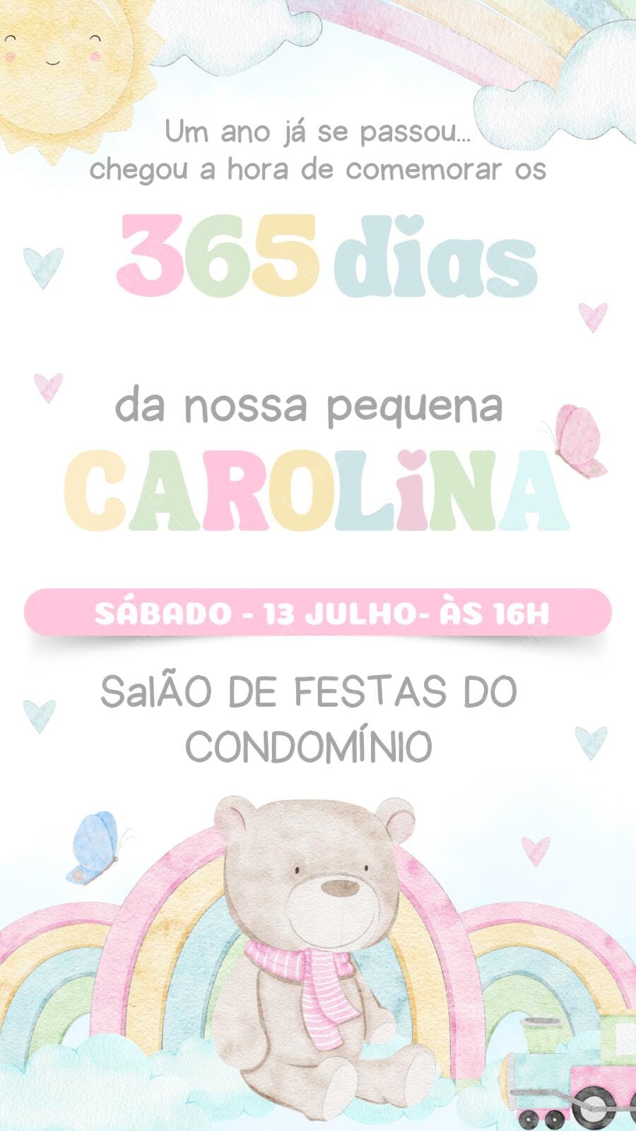 Convite Aniversário 1 Ano Urso Arco-Íris Editável