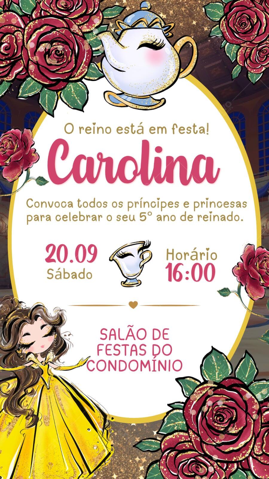 Convite Aniversário A Bela e a Fera 5 Anos Editável
