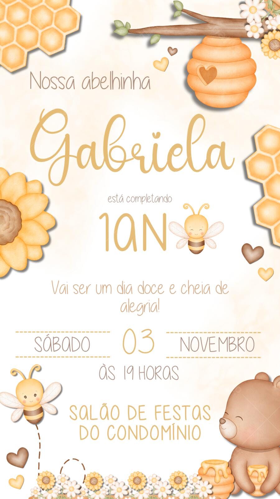 Convite Aniversário Abelhinha Ursinho 1 Ano Editável