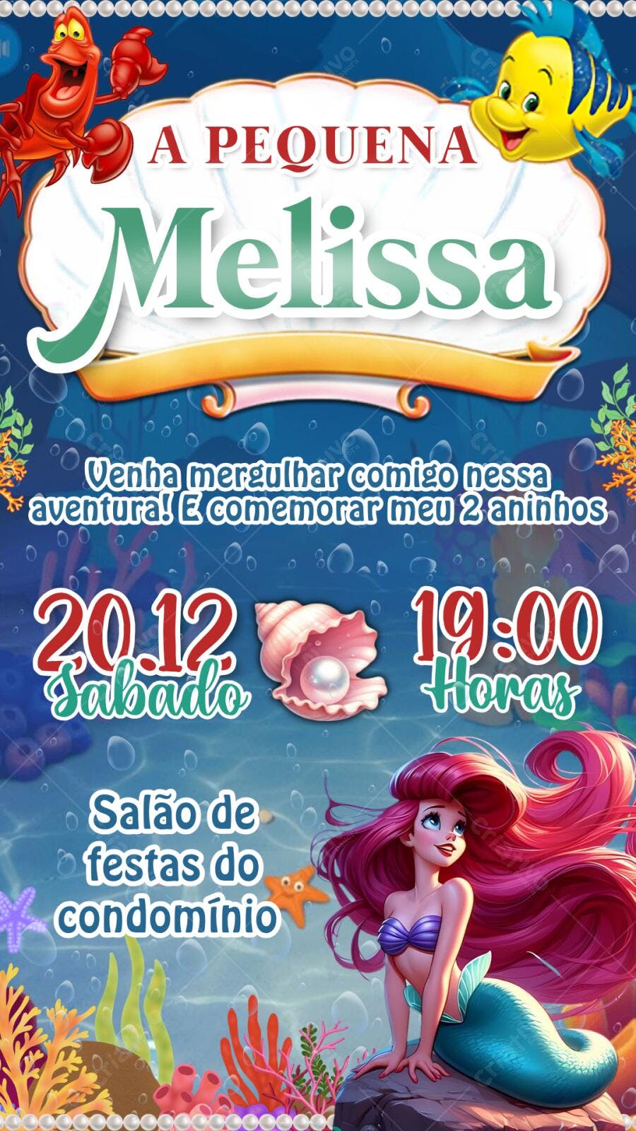 Convite Aniversário Pequena Sereia Ariel 2 Anos Editável