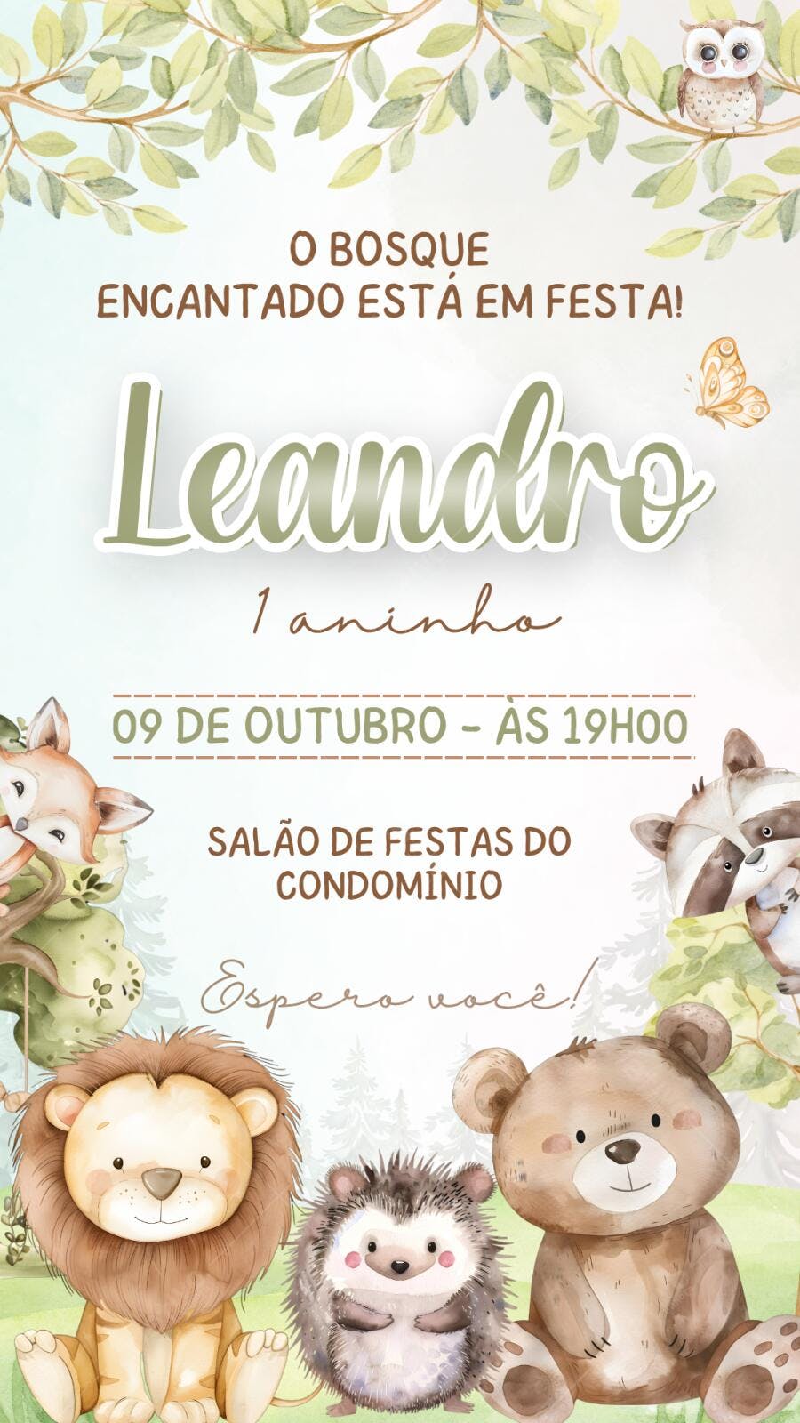 Convite Aniversário Infantil Bosque Encantado 1 Aninho Editável
