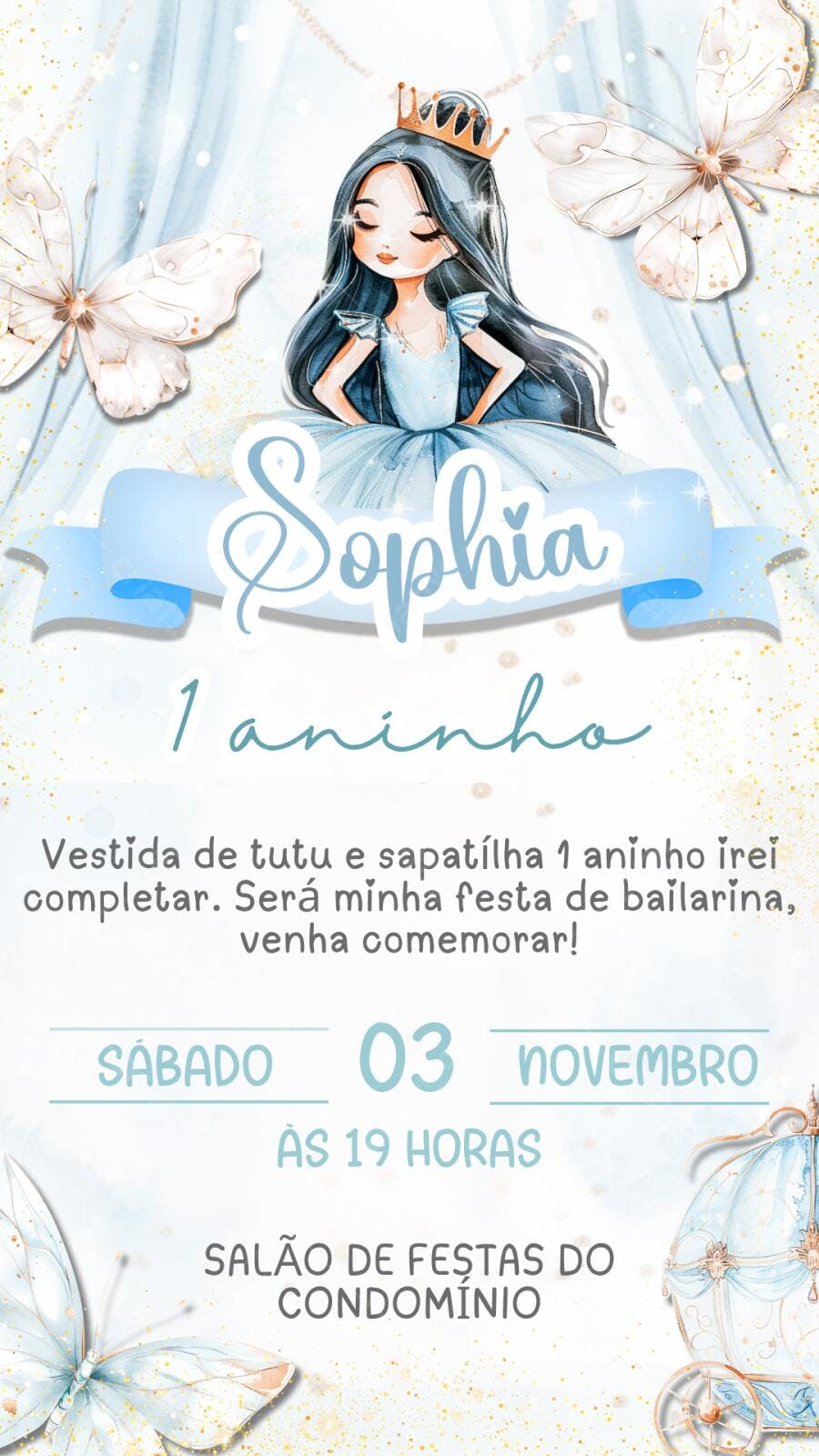 Convite Aniversário Bailarina Princesa 1 Aninho Editável