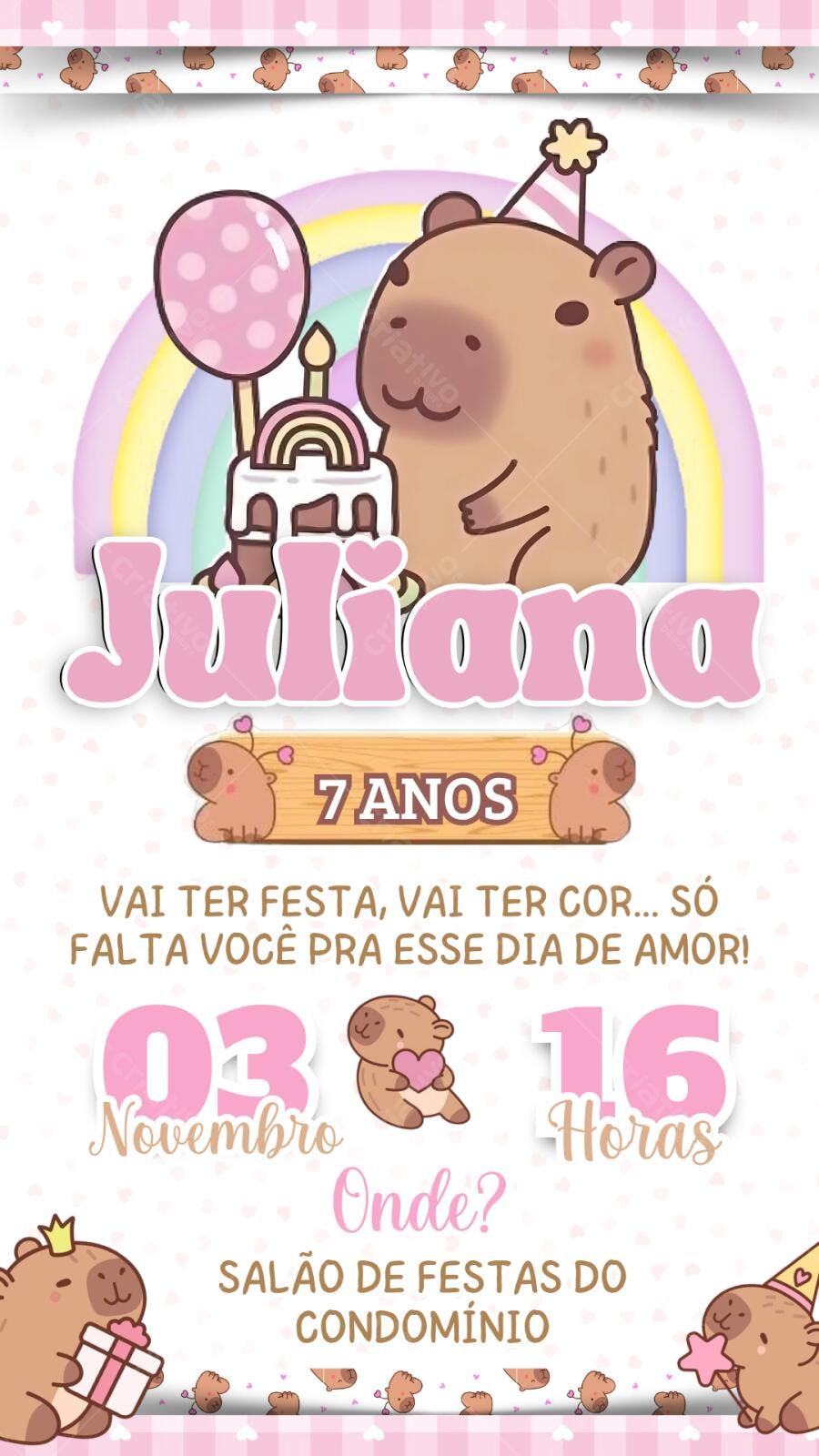 Convite Aniversário Capivara Fofa 7 Anos Editável