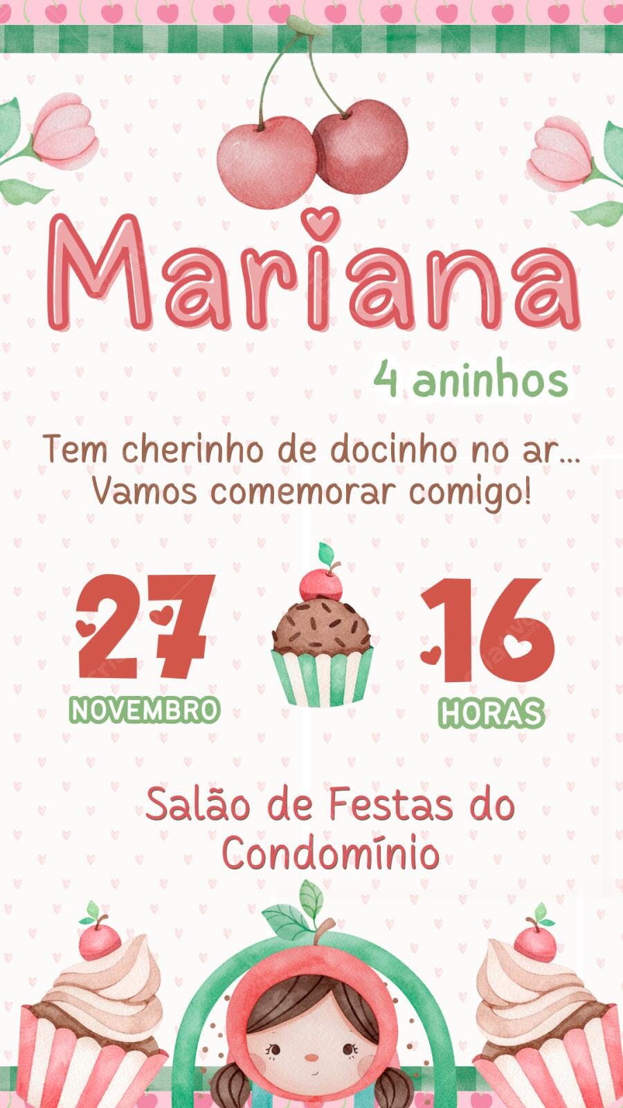 Convite Aniversário Infantil Cereja 4 Anos Editável