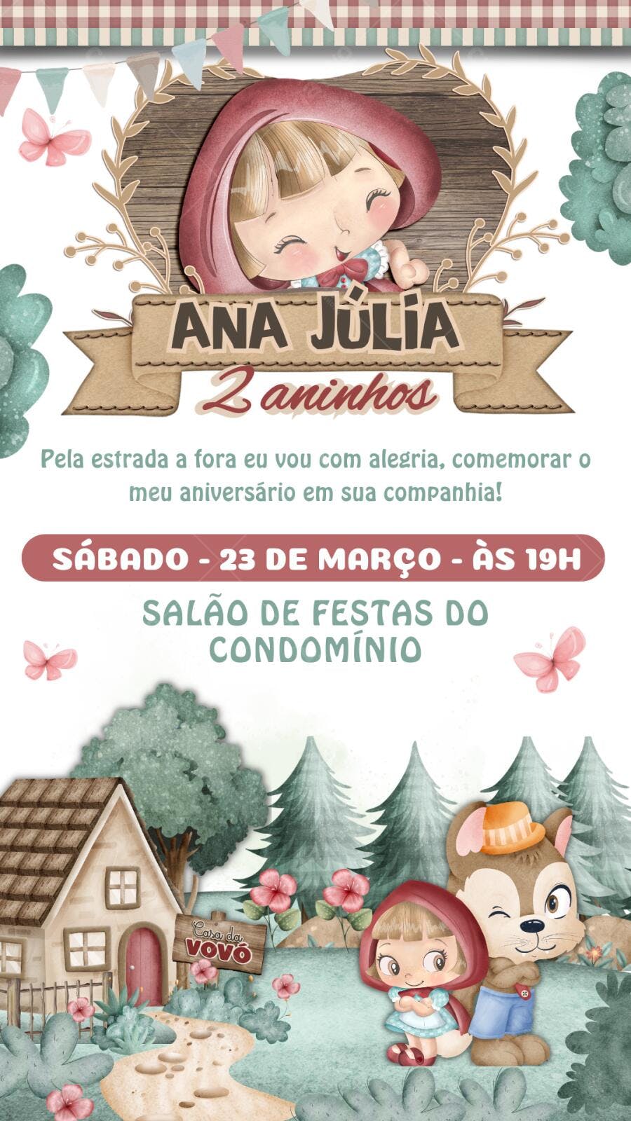 Convite Aniversário Chapeuzinho Vermelho 2 Anos Editável