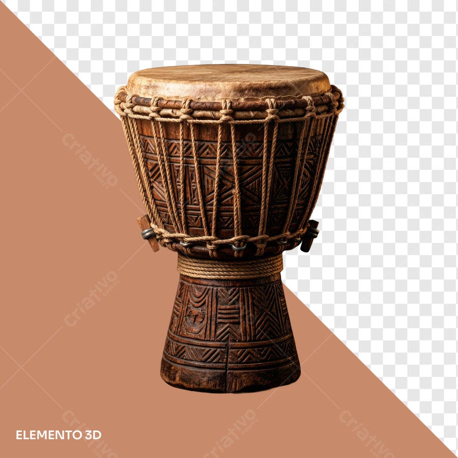 Elemento 3D Tambor Djembe Africano PNG Fundo Transparente