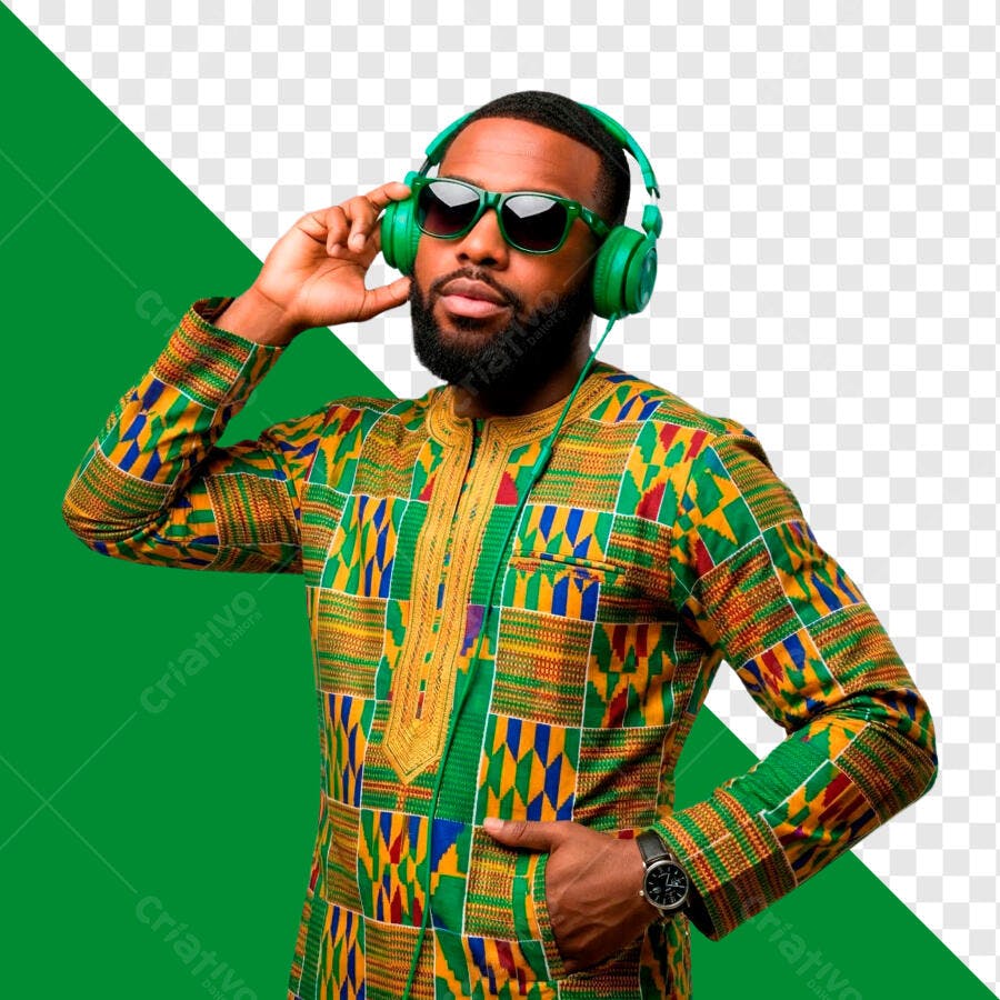 Foto Recortada Homem Negro Fone Ouvido Roupa Africana PNG Fundo Transparente