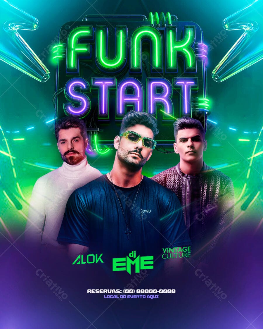 Flyer Festa Funk Start Neon Balada PSD Editável