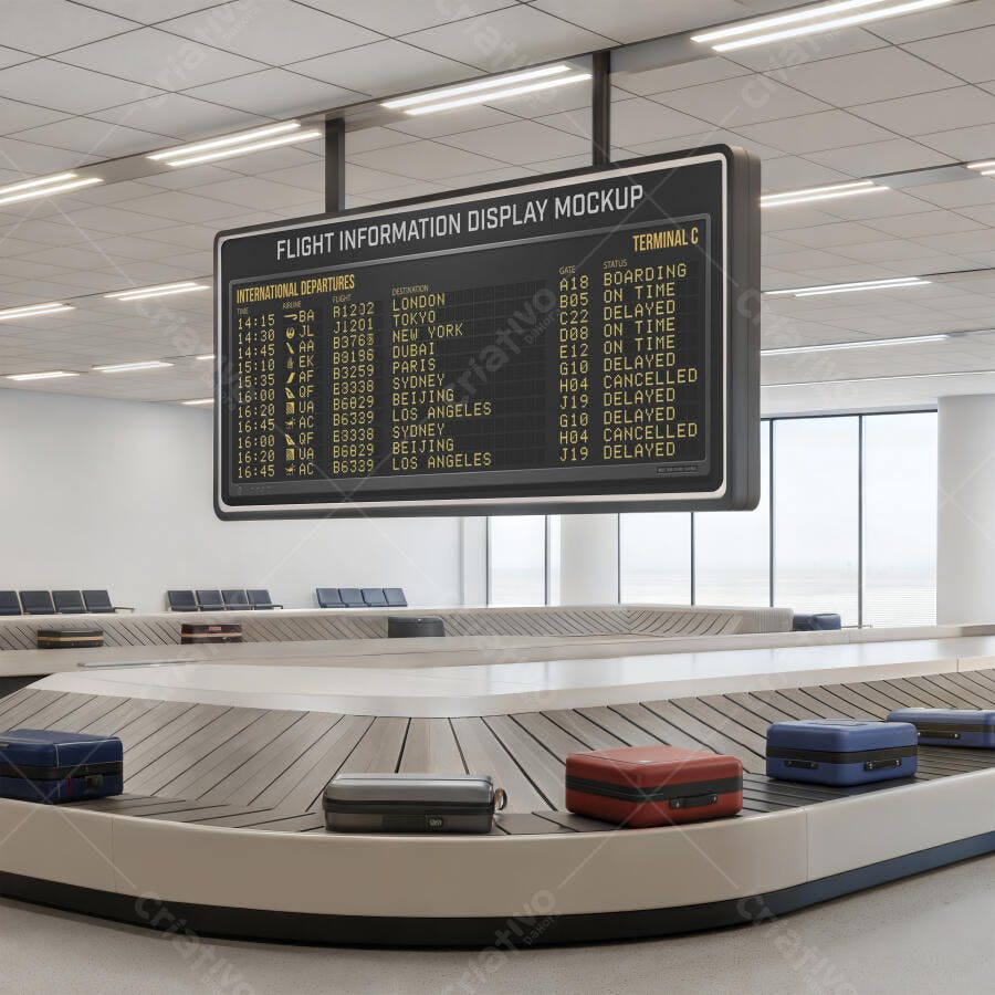 Mockup Painel Informações Aeroporto Terminal Bagagem Editável