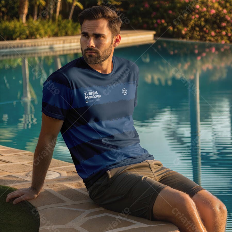 Mockup Camiseta Masculina Azul Piscina Lifestyle Editável