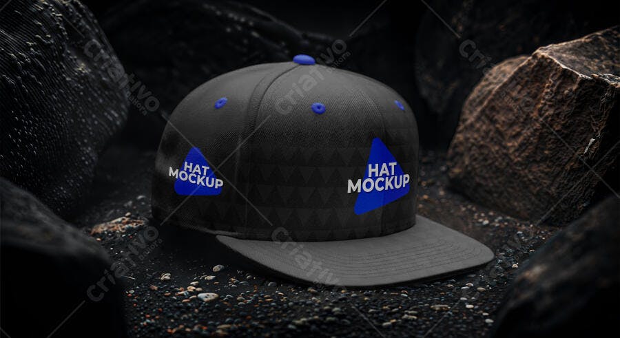 Mockup Boné Preto Flat Brim Fundo Escuro Realista Editável