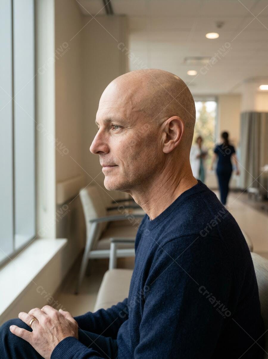 Foto Homem Calvo Pensativo Sala de Espera Hospital