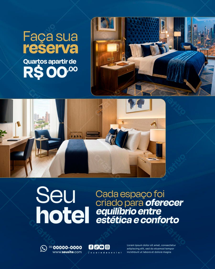 Post Instagram Hotel Luxo Reserva Quartos PSD Editável