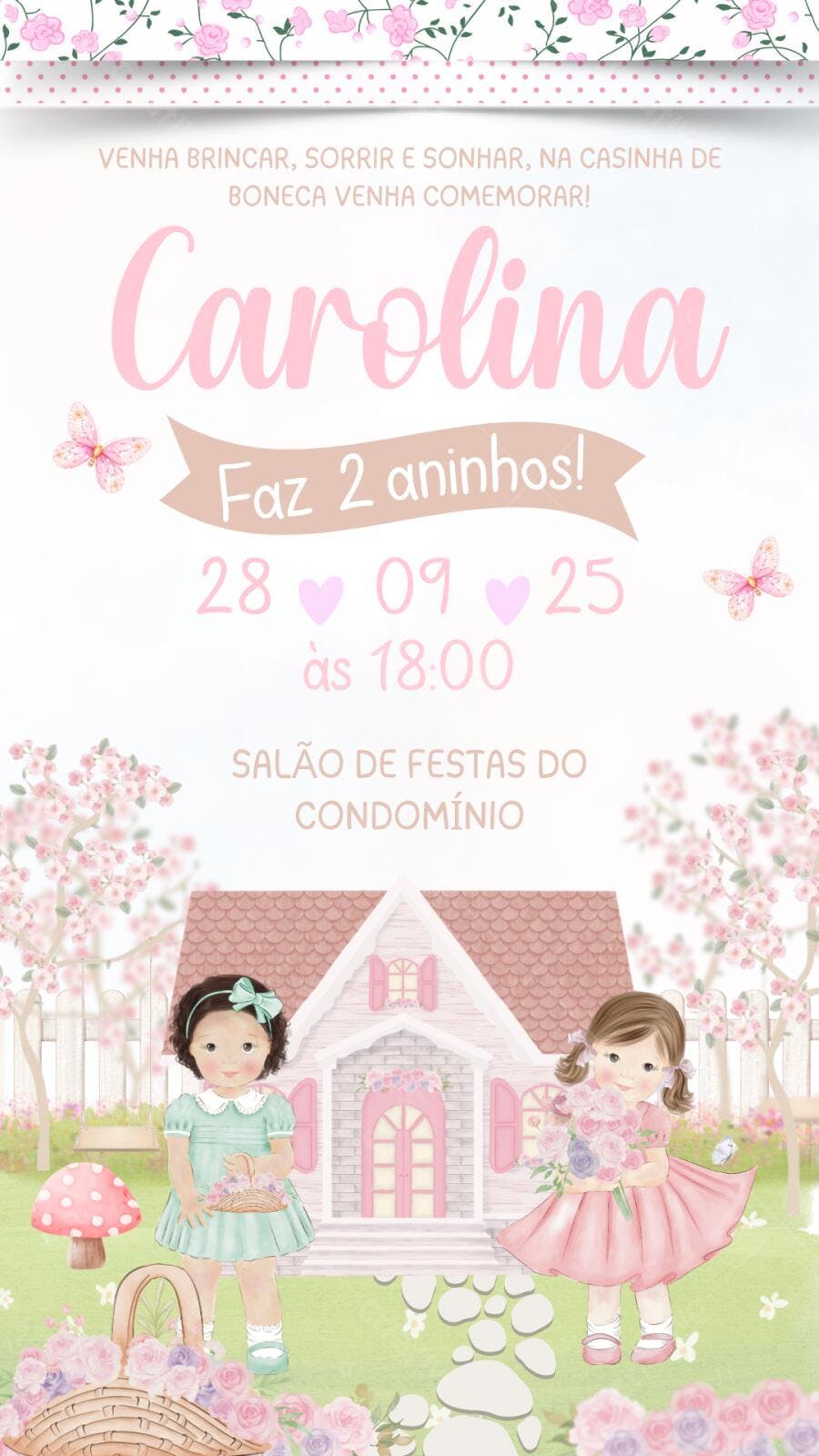 Convite Aniversário Infantil Casinha de Bonecas 2 Anos Editável