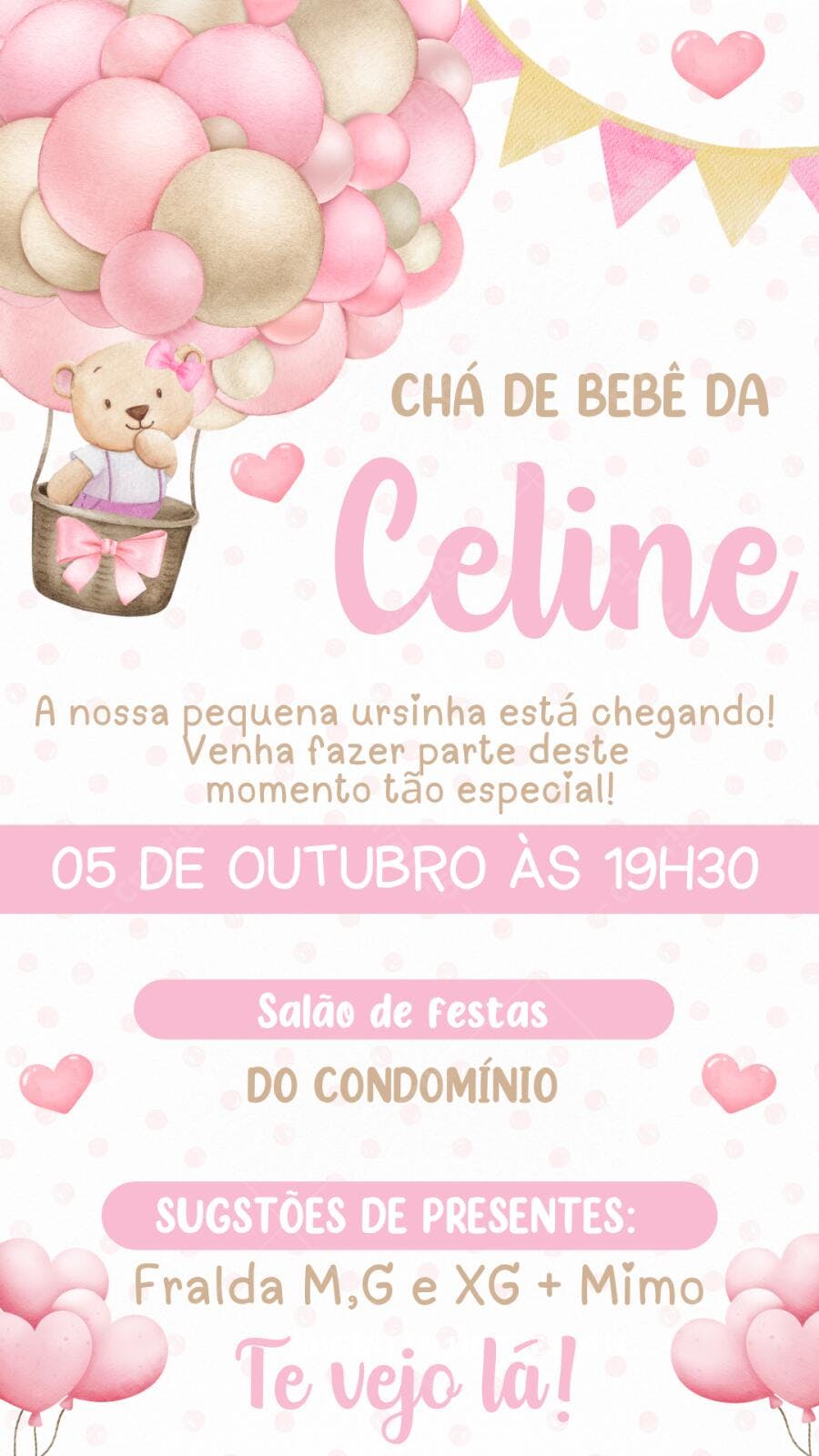 Convite Chá de Bebê Ursinha Balões Rosa Editável