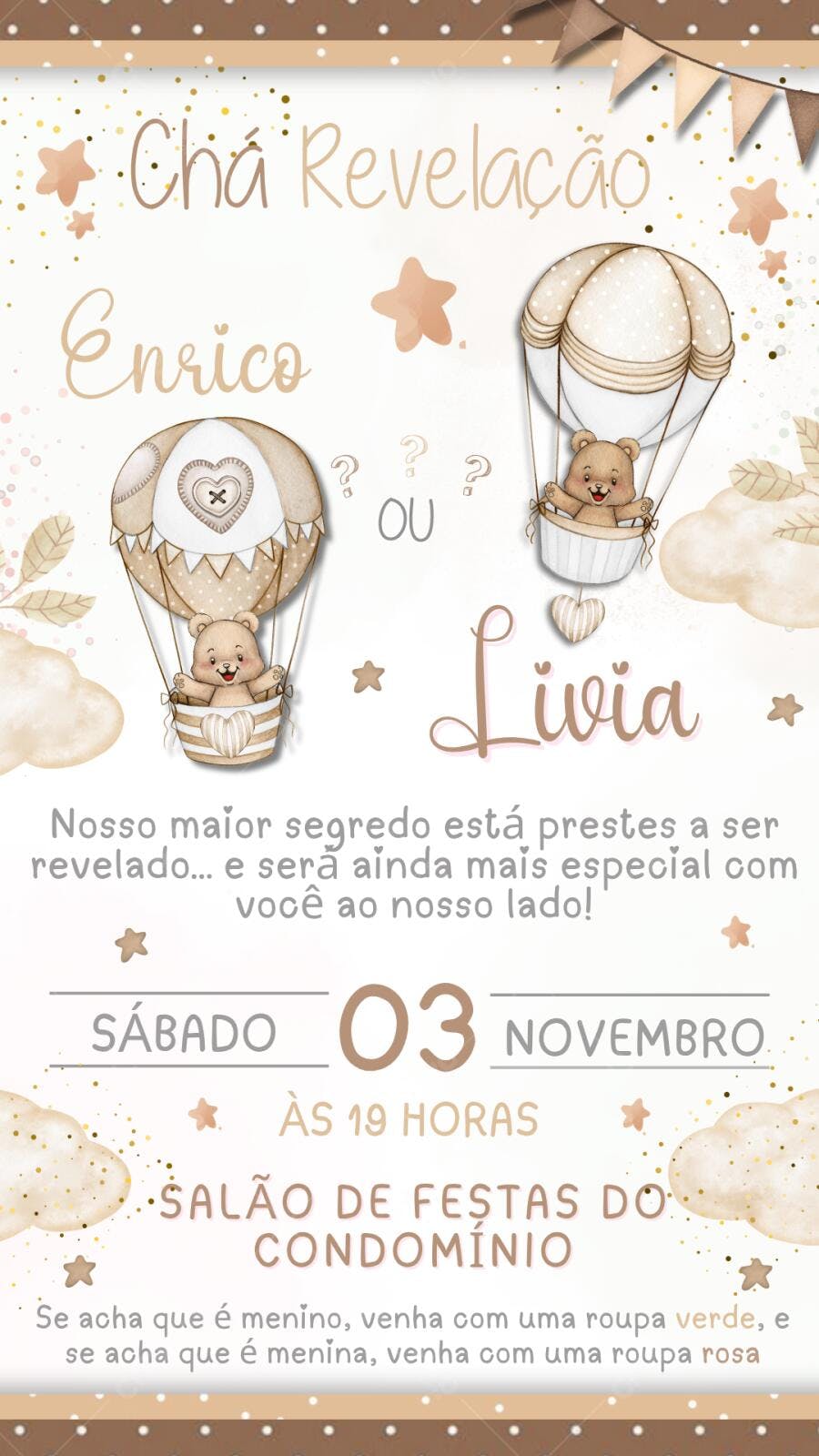 Convite Chá Revelação Ursinhos Balão Bege Editável