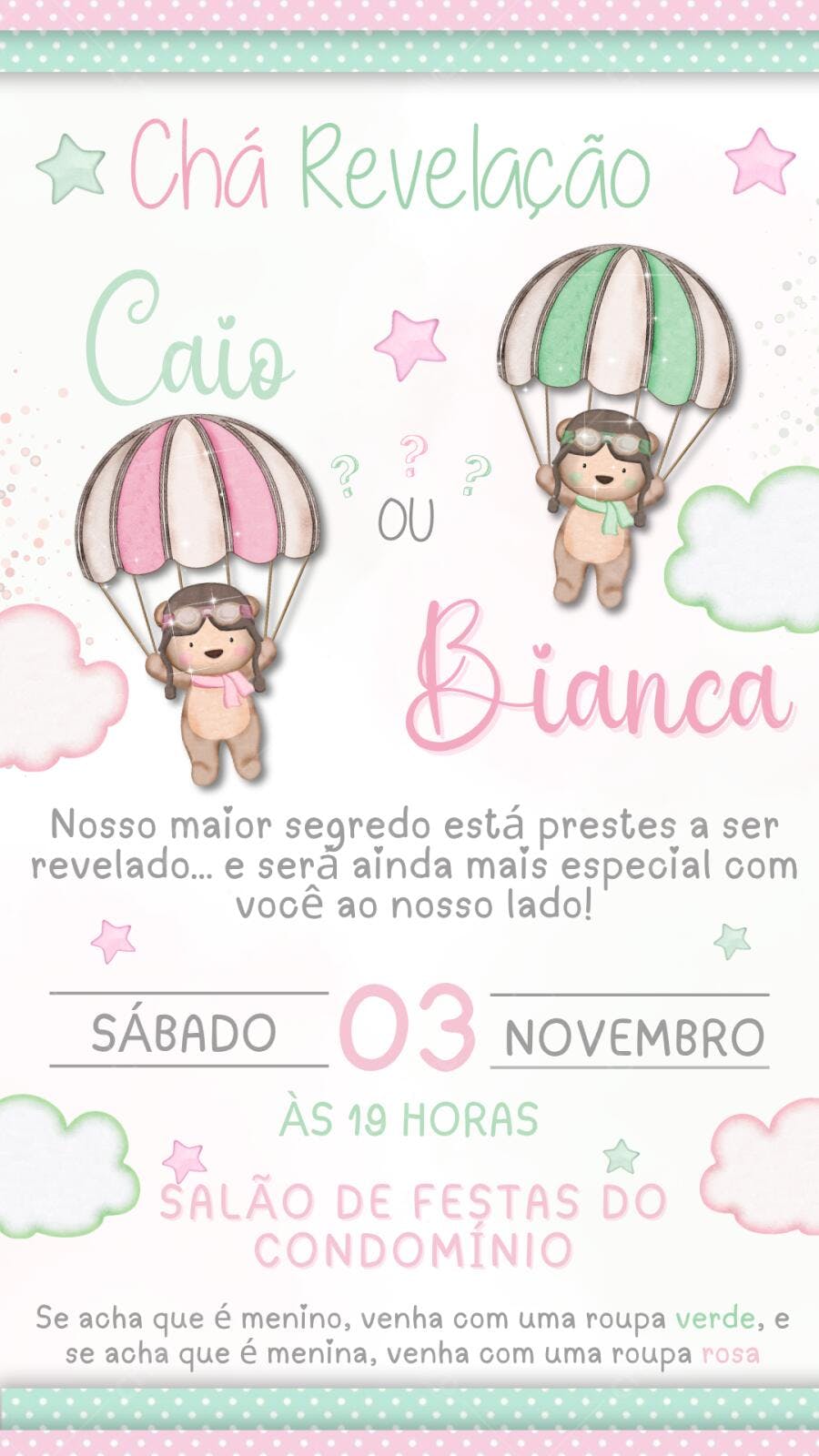 Convite Chá Revelação Ursinhos Balão Editável