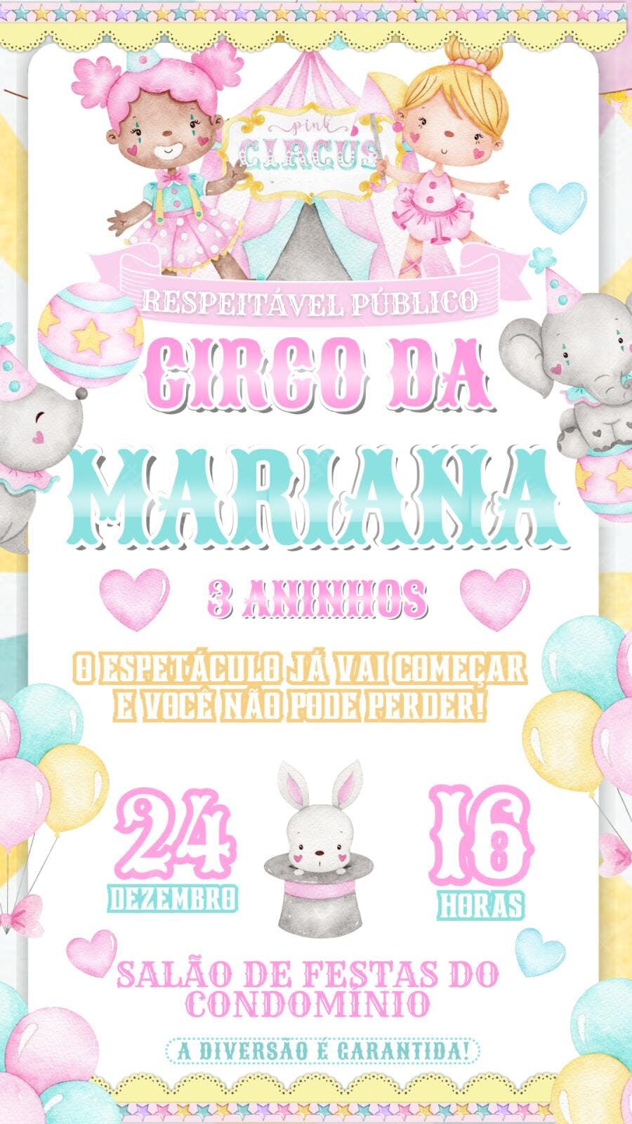 Convite Aniversário Circo Rosa Menina 3 Anos Editável