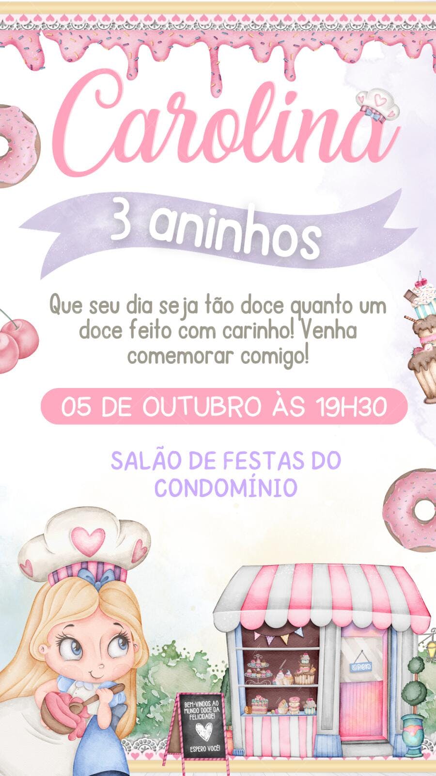 Convite Aniversário Confeitaria Menina 3 Anos Editável