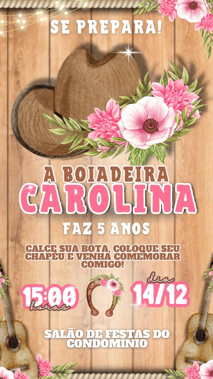 Convite Aniversário A Boiadeira Carolina 5 Anos Editável