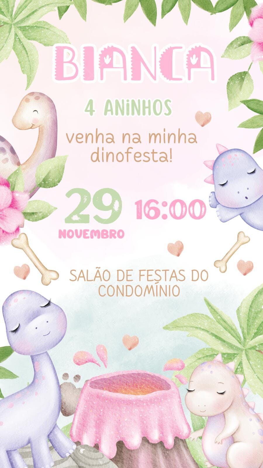 Convite Aniversário Dinossauro Menina 4 Anos Editável